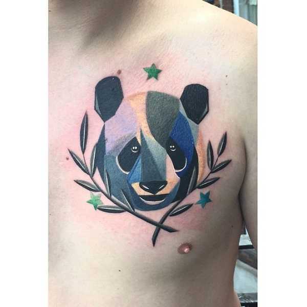 Beautiful Watercolor Panda Face With Leaves Tattoo On Right Side Of Chest