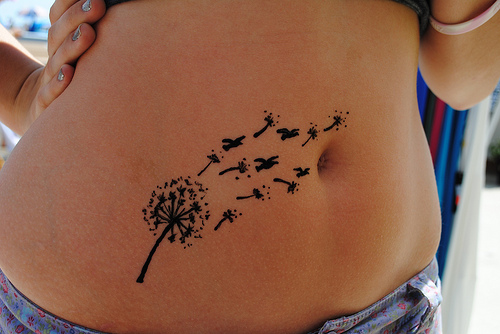 Beautifuly Inked Birds Flowing From Dandelion Tattoo On Stomach