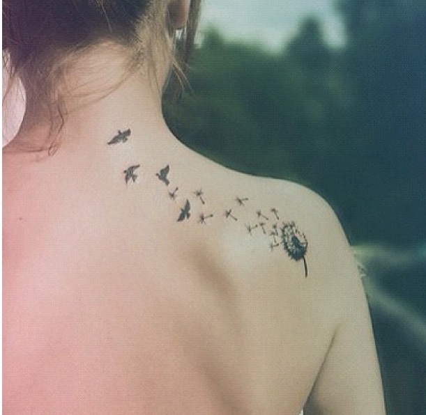 Birds Blowing From Dandelion In Black Ink Tattoo On Right Shoulder To Back Neck For Girl