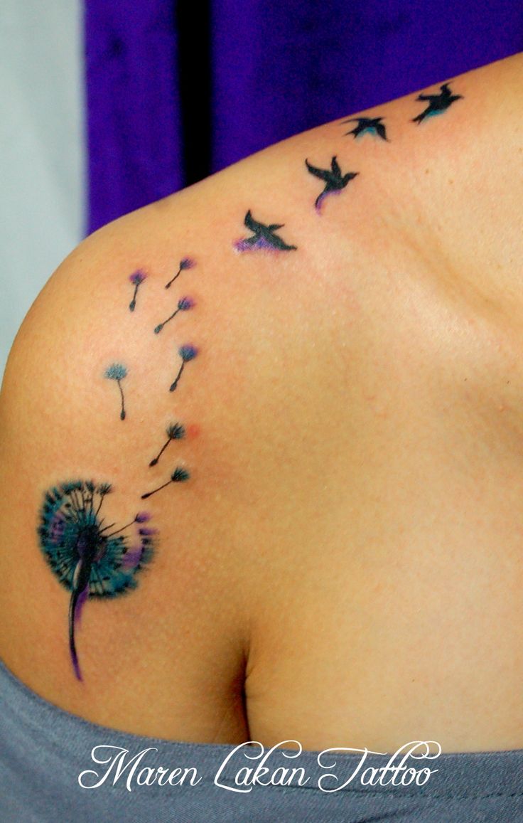 Birds Blowing From Dandelion In Colorful ink Tattoo On Right Shoulder By Maren Lakan Tattoo