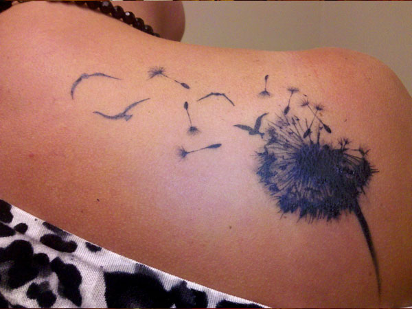 Birds Flying From Dandelion In Blue Ink Tattoo On Right Shoulder