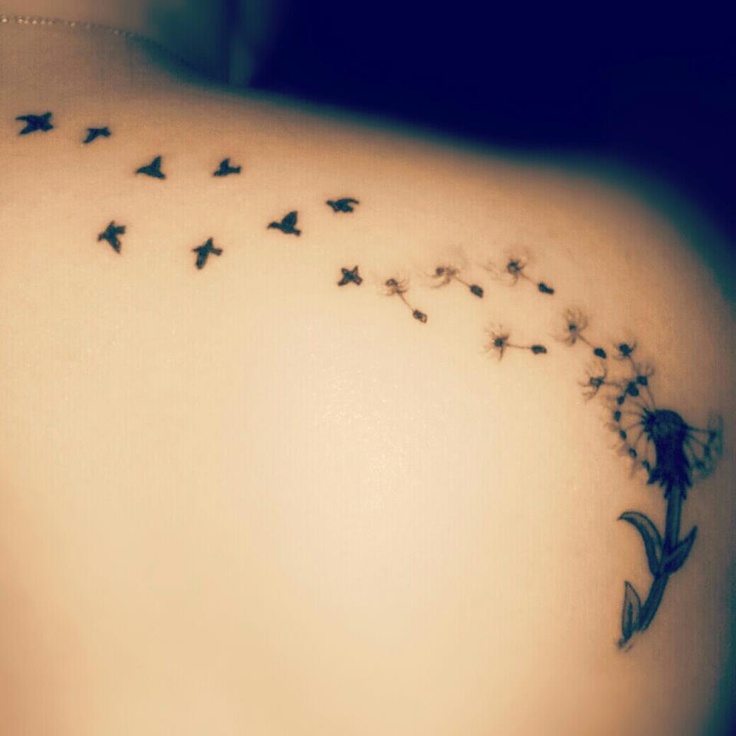 Birds Flying From Dandelion In Small Size Tattoo On Shoulder To Back Neck
