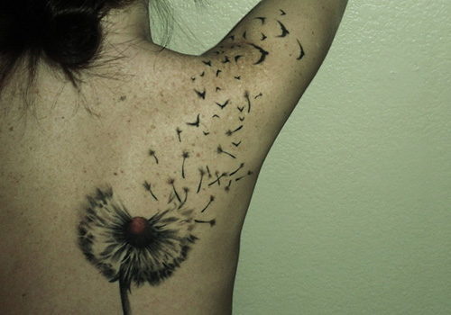 Birds Flying from Dandelion In Beautiful Shape Tattoo on Right Shoulder