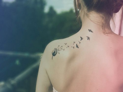 Birds blowing From Dandelion Tattoo On Left Shoulder To Nape