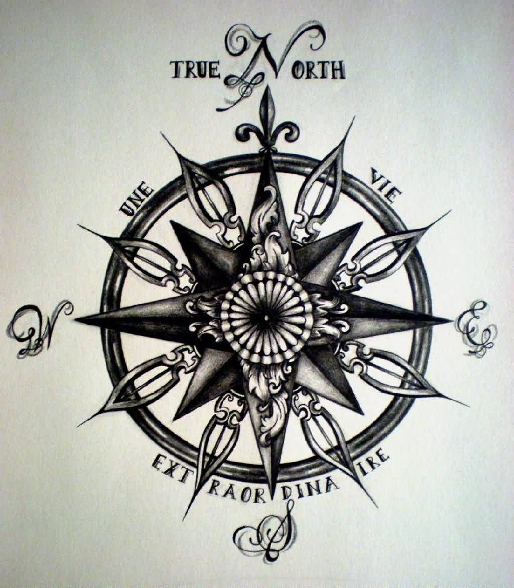 Black And Grey Compass Tattoo Design