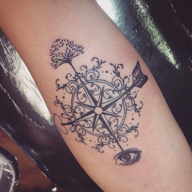 Black And Grey Compass Tattoo On Back Leg