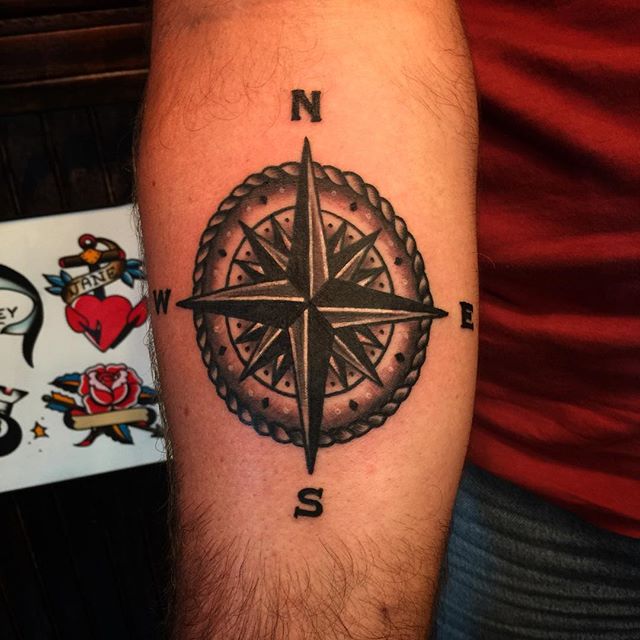 Black And Grey Compass Tattoo On Forearm