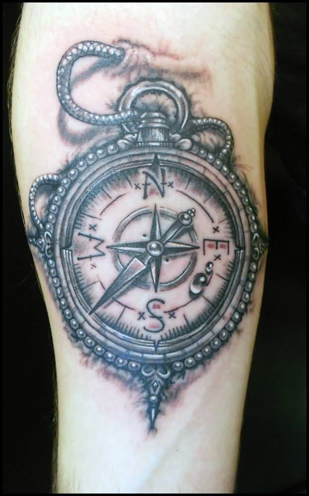 Black And Grey Compass Tattoo On Left Bicep