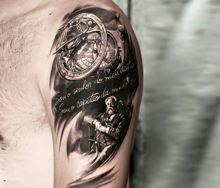 Black And Grey Compass Tattoo On Left Shoulder