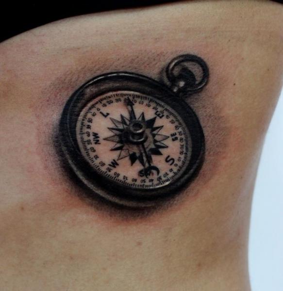 Black And Grey Compass Tattoo On Rib Side