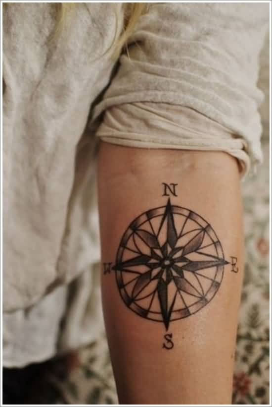 Black And Grey Compass Tattoo on Left Forearm
