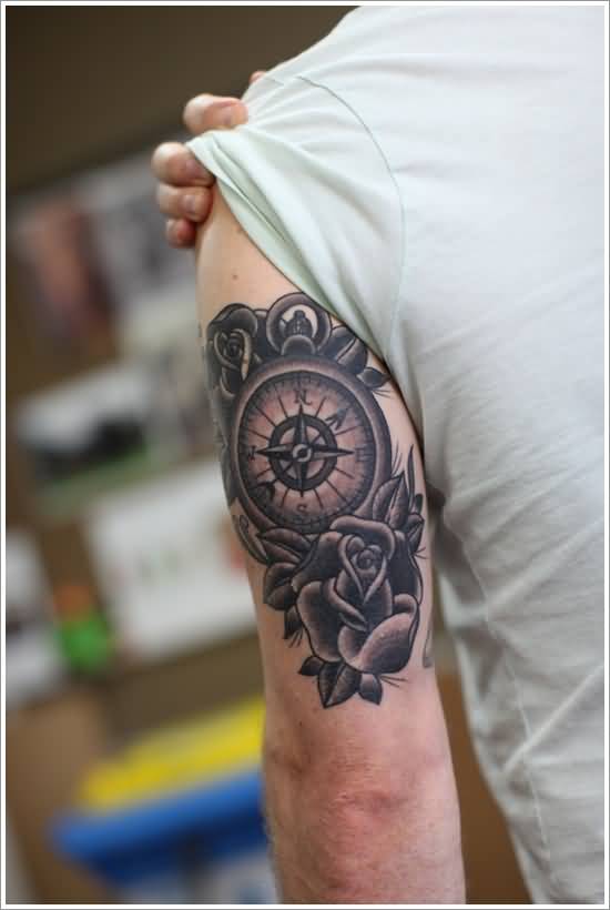 Black And Grey Rose With Compass Tattoo on Left Bicep