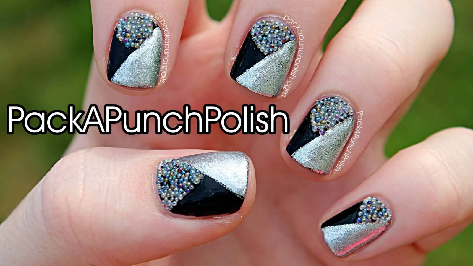 Black And Silver Pattern Nails With Caviar Nail Art