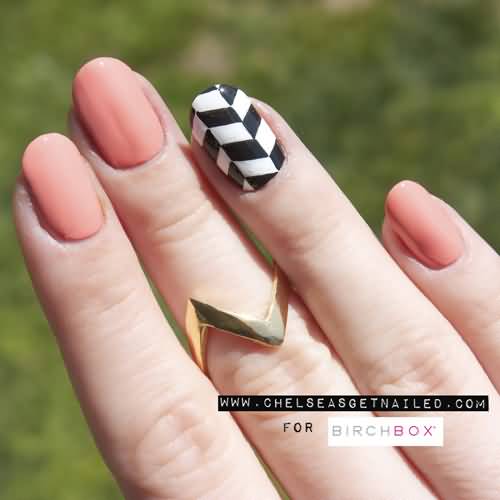 Black And White Accent Patterned Chevron Nail Art
