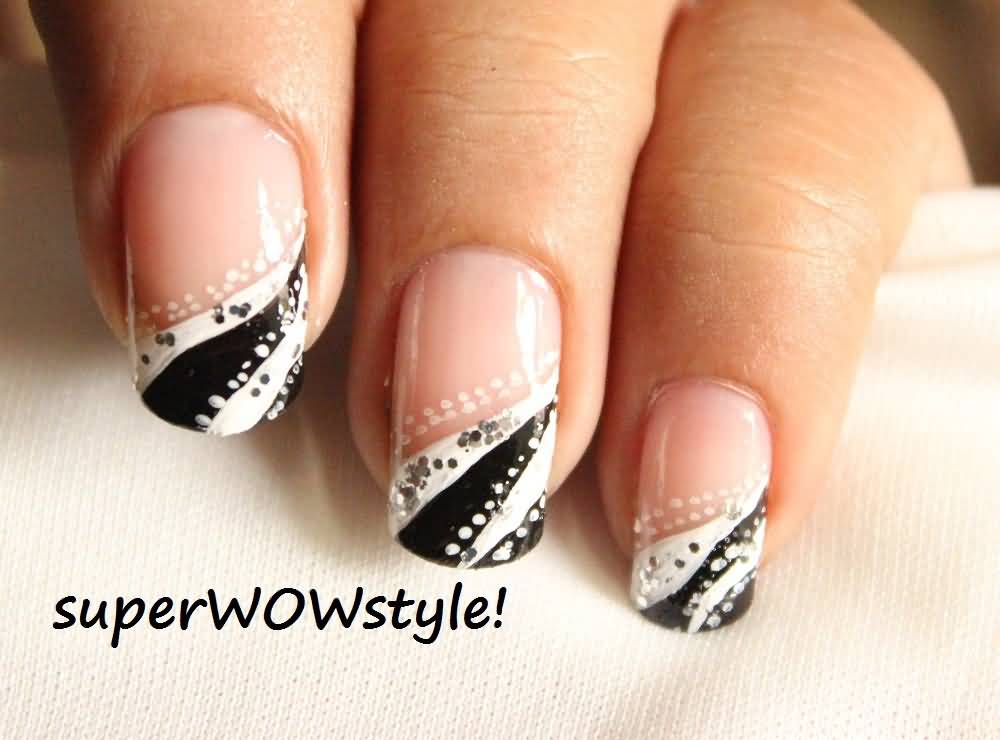 Black And White Dots Design French Tip Nail Art