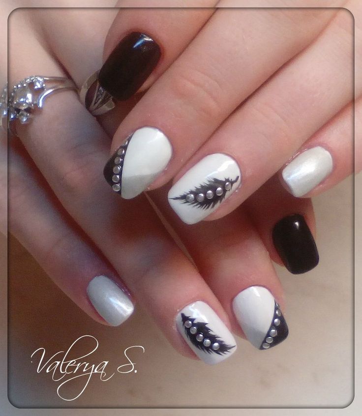 Black And White Feather And Metallic Caviar Nail Art
