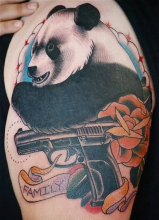 Black And White Panda With Gun And Flower Tattoo On Half Sleeve