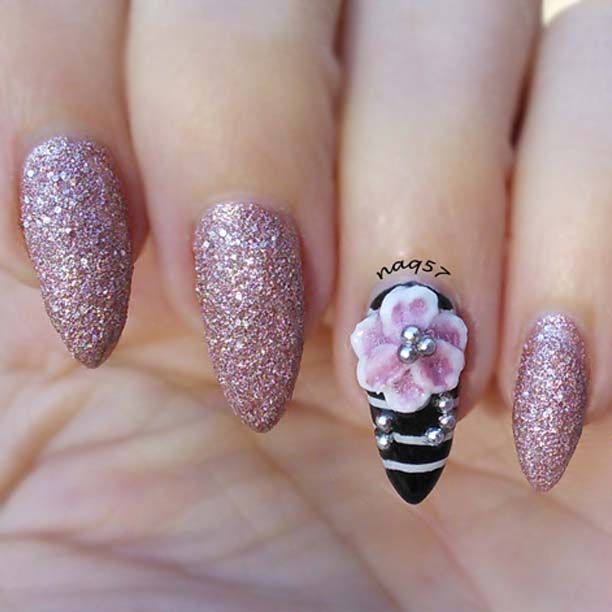 Black And White Stripes Accent Nail With 3d Flower Nail Art