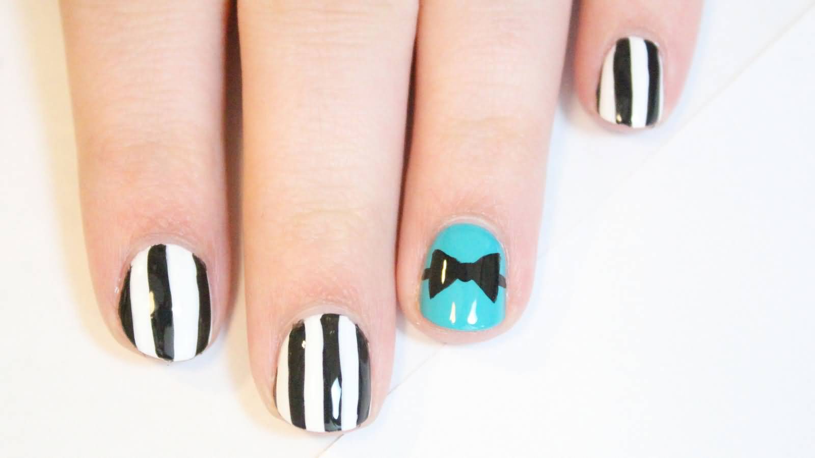 Black And White Stripes Nails With Accent Simple Bow Nail Art