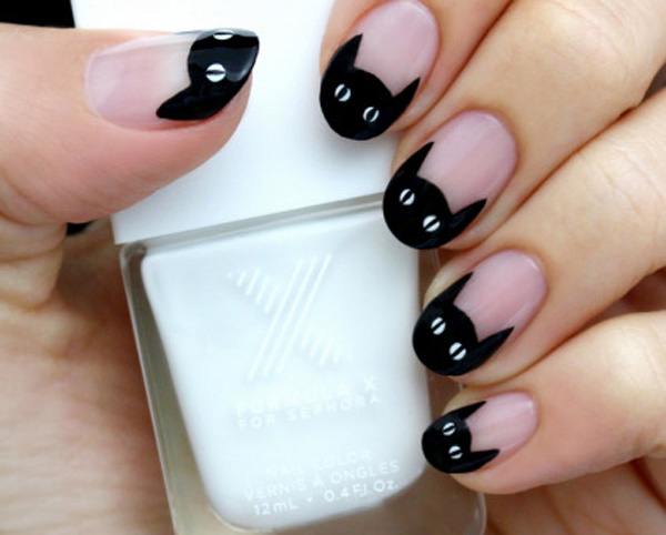 Black Cat Face French Tip Nail Art