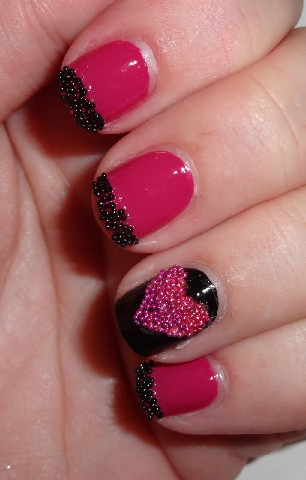 Black Caviar French Tip And Pink Caviar Heart Nail Art
