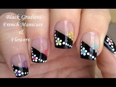 Black Diagonal French Tip Nail With Black Dotted Flower Design