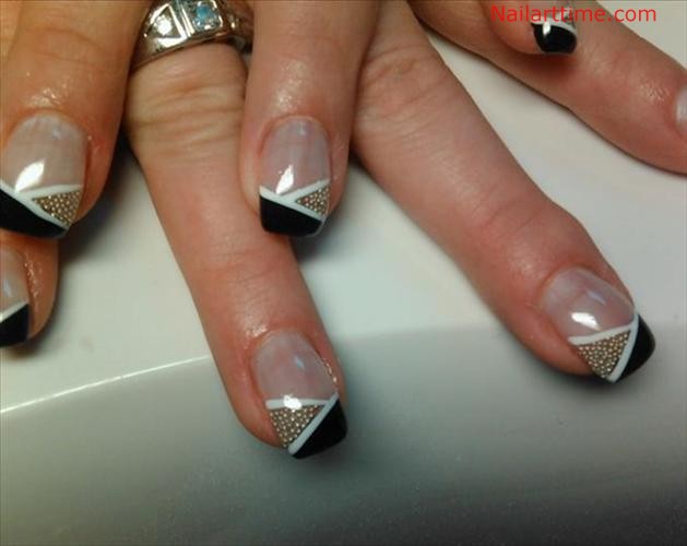 Black Diagonal French Tip Nail With Caviar Beads Design