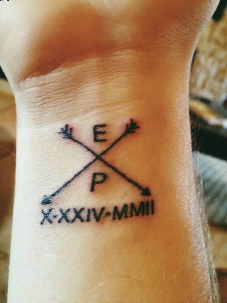 Black E P Crossed Arrows Tattoo On Wrist