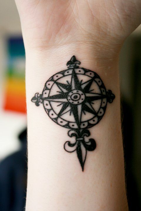 Black Feminine Compass Tattoo On Wrist