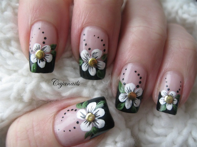 Black French Tip Nail Art With Flowers Design