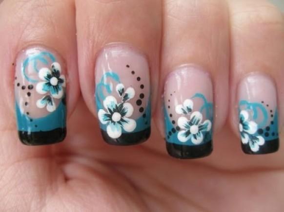 Black French Tip Nail Art With Green And White Flowers Design