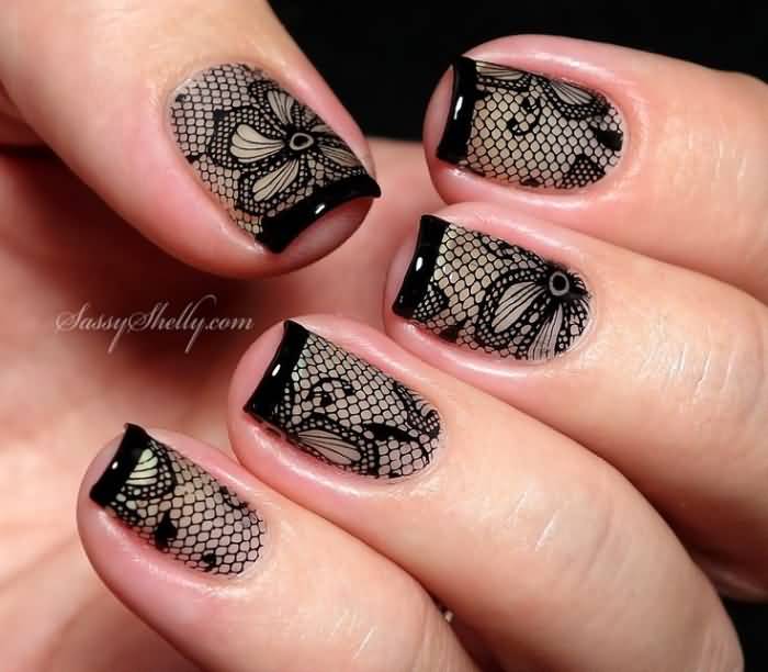 Black French Tip Nail Art With Lace Design