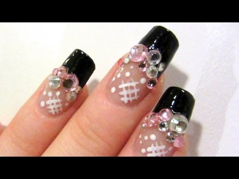 Black French Tip Nail Art With Rhinestones Design