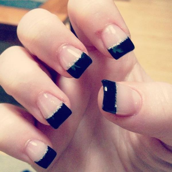 Black French Tip Nail Art With Silver Glitter Strip