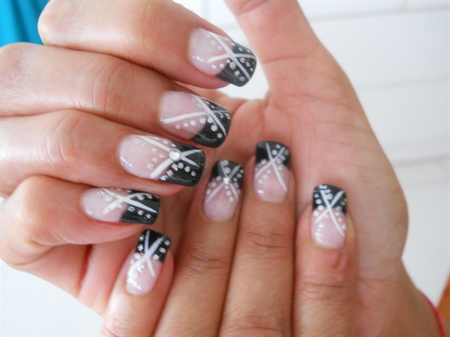 Black French Tip Nail Art With White Dots Design