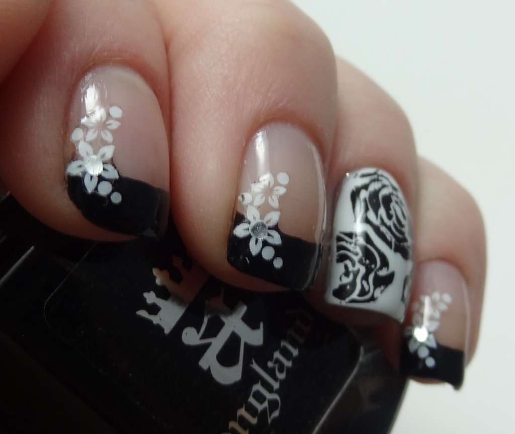 Black French Tip Nail Art With White Flowers Design