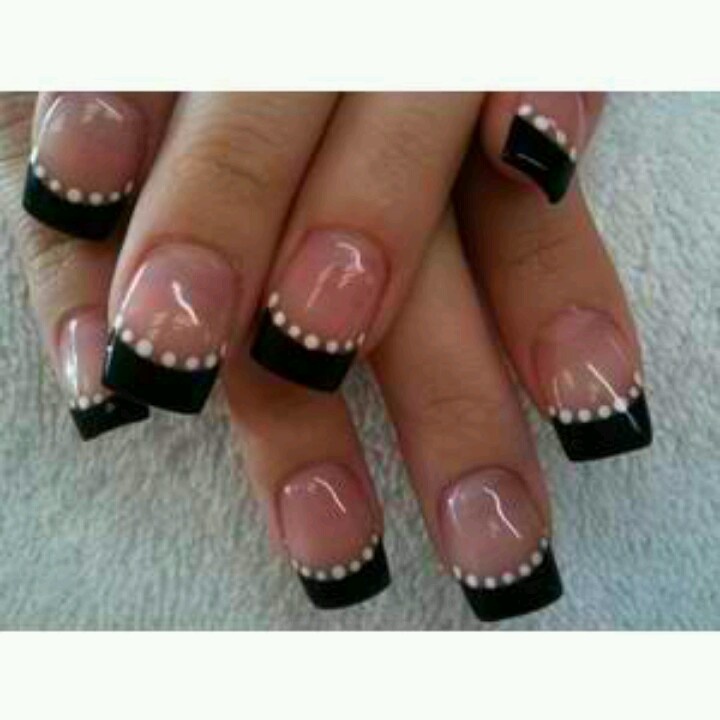 Black French Tip Nail Art With White Polka Dots