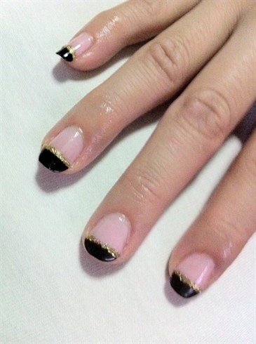 Black French Tip Nail With Gold Glitter Stripes