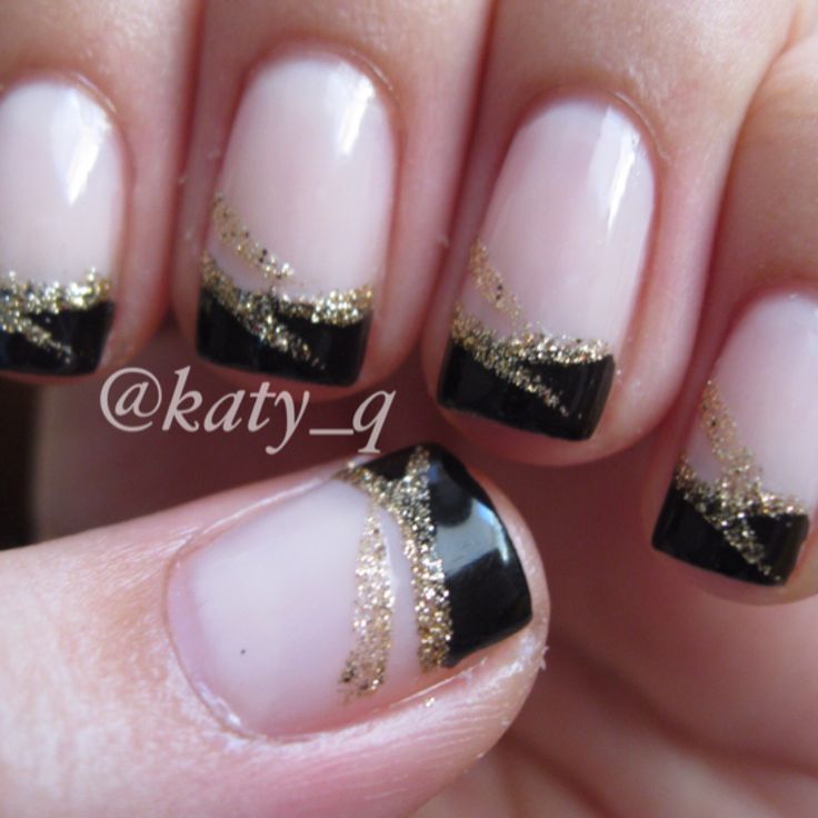 Black French Tip Nails With Gold Glitter Design
