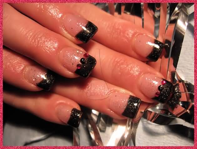 Black French Tip Nails With Rhinestones