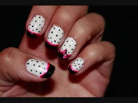 Black French Tip Polka Dots And Pink Bow Nail Art Design
