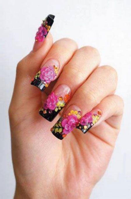 Black French Tip With Pink Flower Nail Art Design