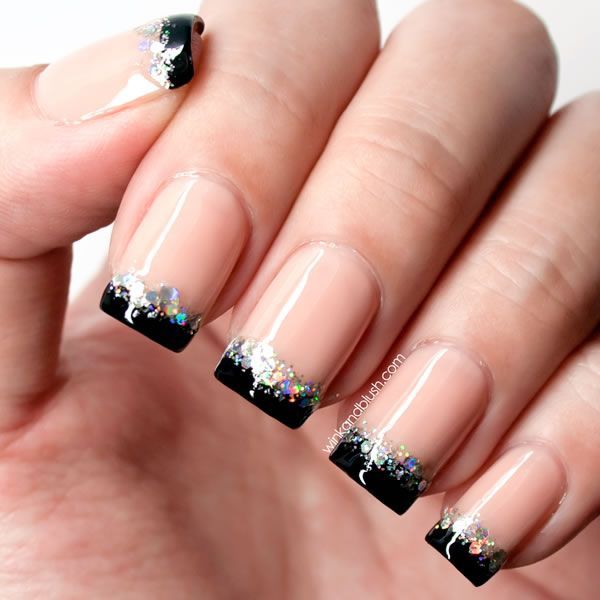 Black Glossy And Silver Glitter French Tip Nail Art
