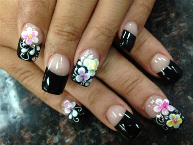 Black Glossy French Tip Nail Art Design With Acrylic Flowers