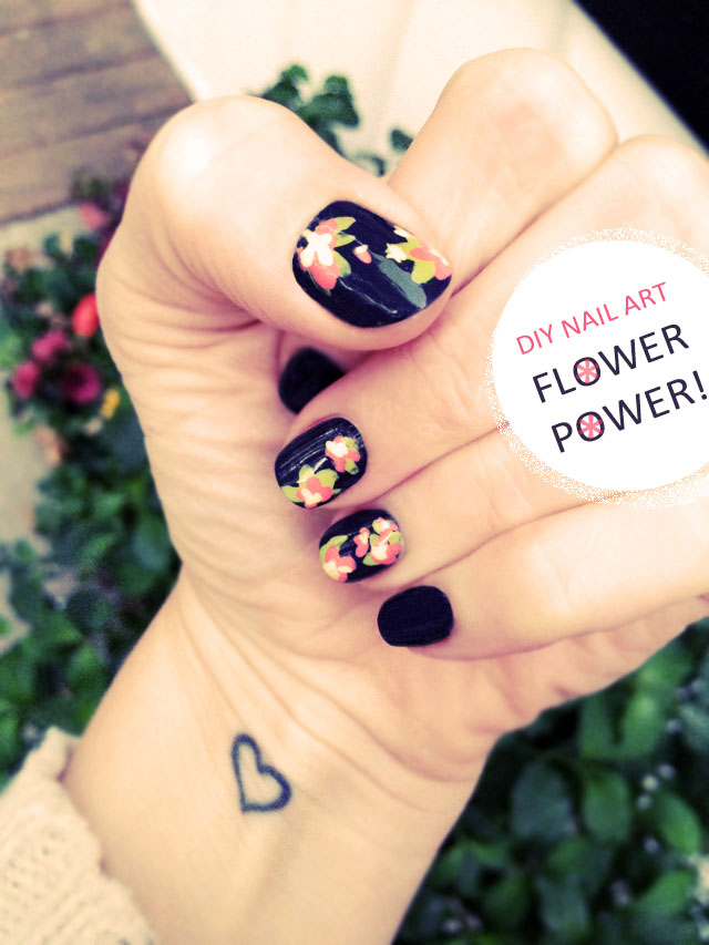 Black Glossy Nails With Flower Nail Art