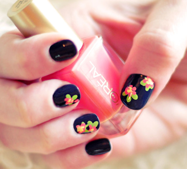 Black Glossy Nails With Flower Nail Art