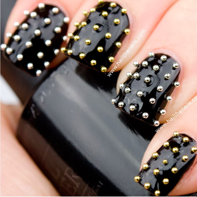 Black Glossy Nails With Metallic Caviar Nail Art