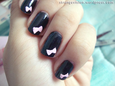 Black Glossy Nails With Pink Bows Nail Art Idea