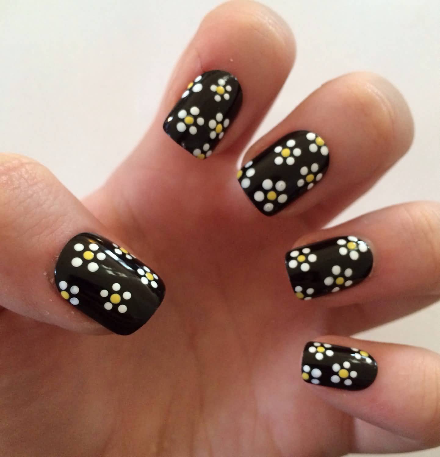 Black Glossy Nails With White Flower Nail Art