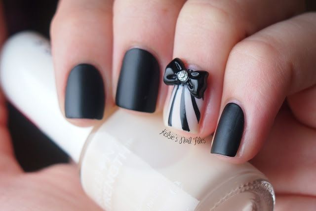Black Matte Nails With 3d Bow Nail Art